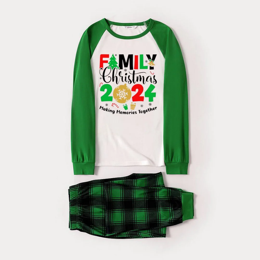 Family Memories Together Christmas 2024 Print Long Sleeve Top With Green & Black Plaid Christmas Family Matching Pajamas