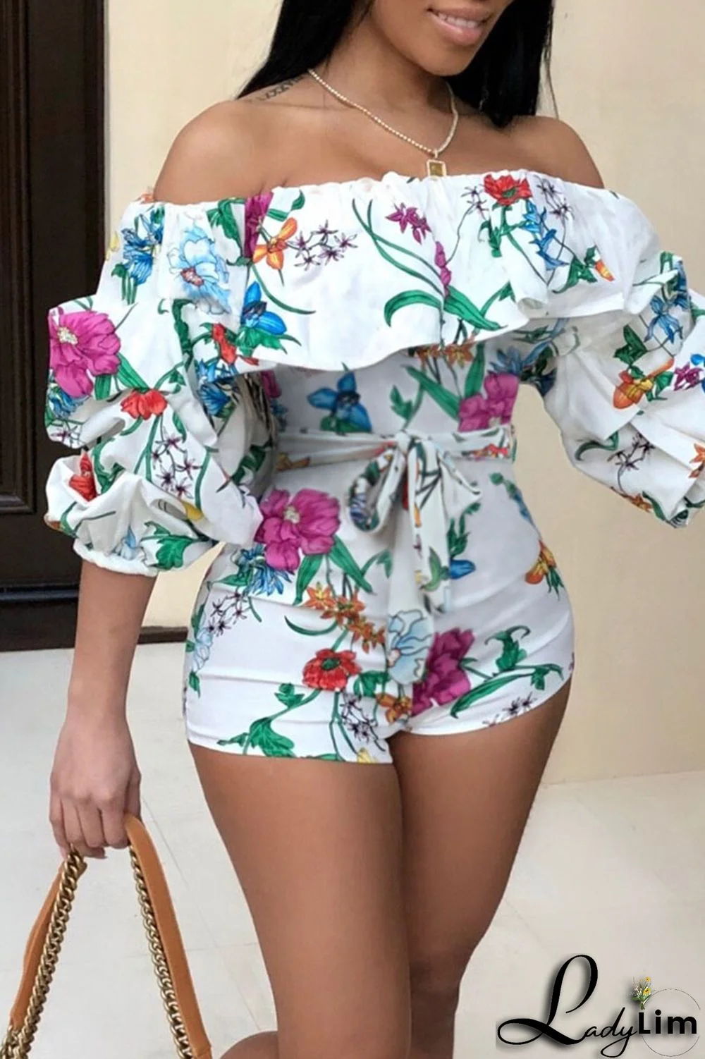 White Casual Print Split Joint Off the Shoulder Straight Jumpsuits