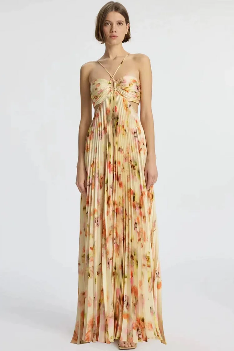 Vacation Yellow Chiffon Floral Print Halter Pleated Maxi Dress