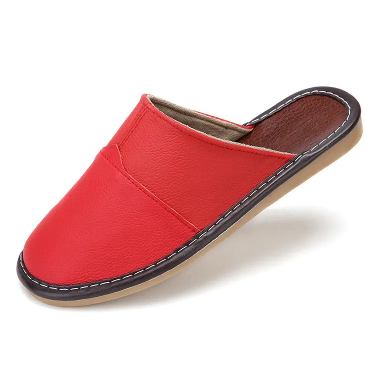 WOTTE Leather Home Slippers for Men Winter Warm Plush Slippers Bedroom Genuine Leather Unisex Men/women House Indoor Shoes