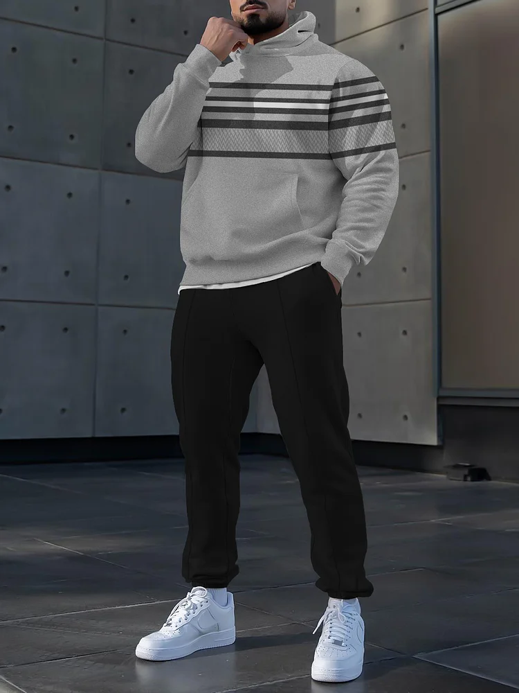 Men's fashion casual gray black stripe printed hoodie two-piece set