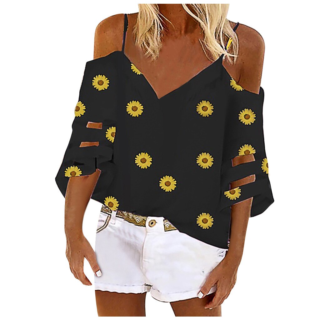 Summer Plus Size Women Middle Sleeve VIntage Daisy V-neck Strapless Tunic Top Shirts Blouse Women ropa de mujer L*55