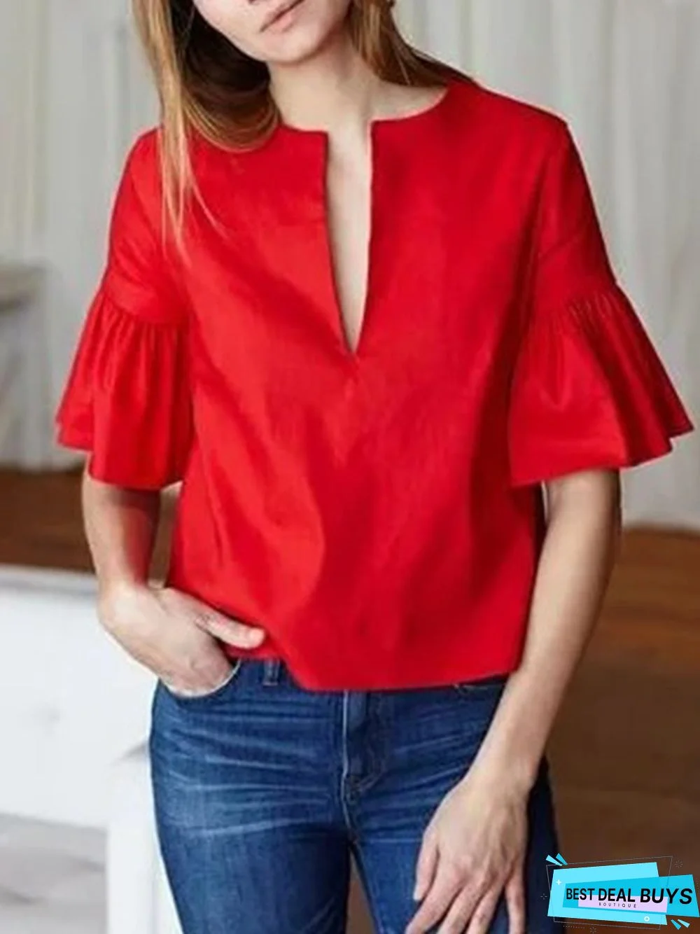 V Neck Solid Holiday Frill Sleeve Blouse