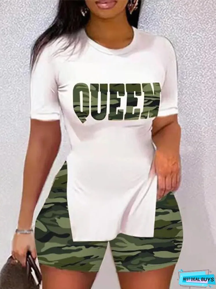 Sets Printed Short Sleeve Split T-Shirt & Shorts Two Piece Set for Women