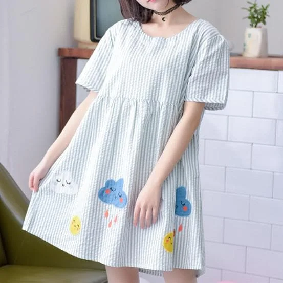 Light Green Mori Girl Cloud Embroidery Striped Dress SP166756