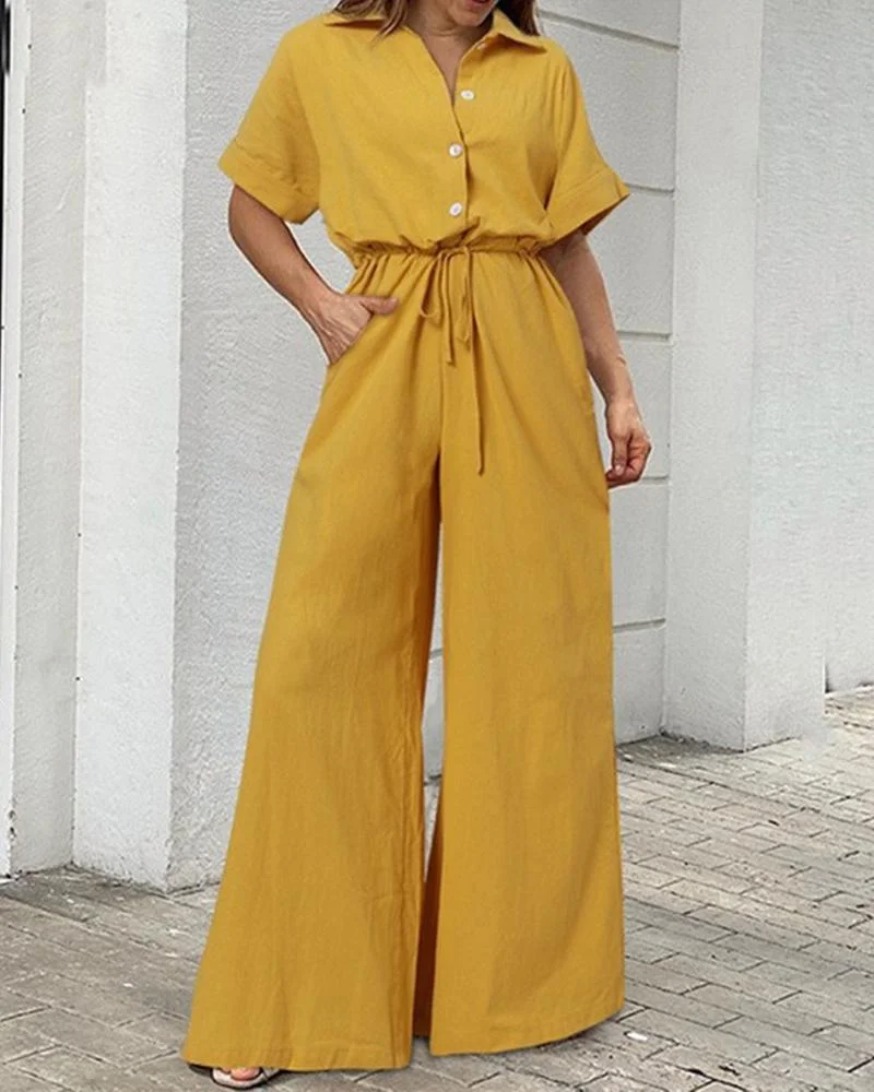 Short Sleeved Lapel Top High Waist Wide Leg Suit