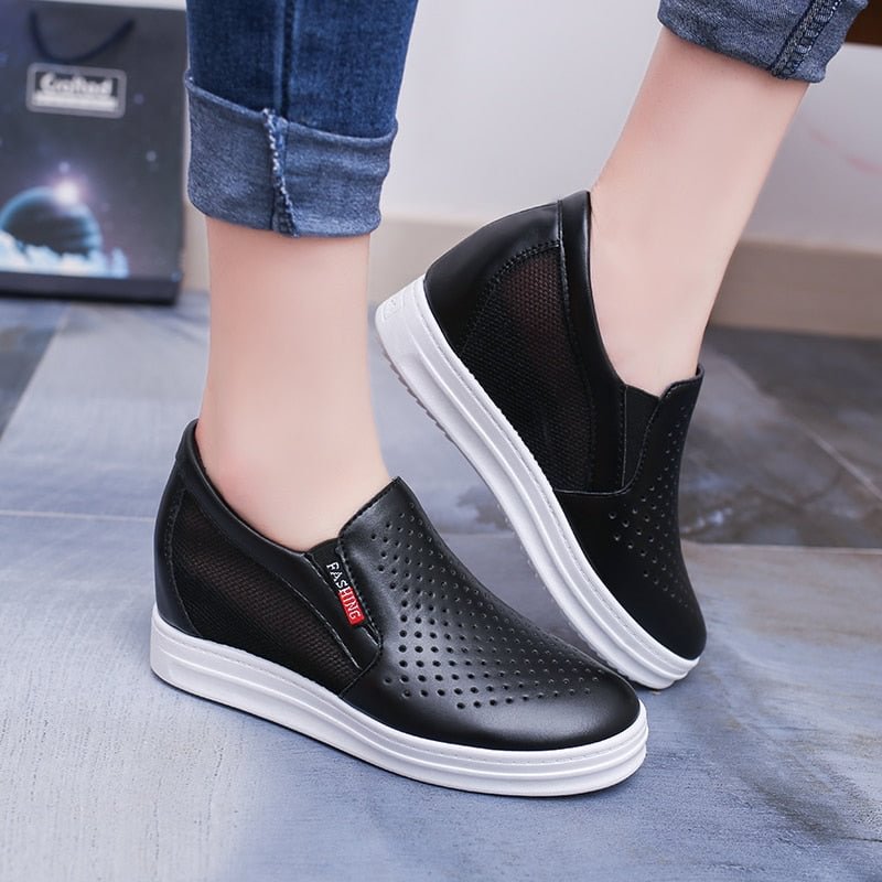 Lucyever New Women's Casual Flats Female Height Increasing Breathable Cut Out Leather Shoes Woman Hidden Wedges Summer Sneaker