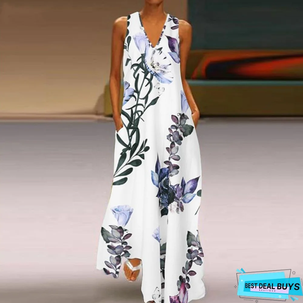 Printed Deep V-Neck Dress Sleeveless A-Word Large Size Long Dress White Dresses