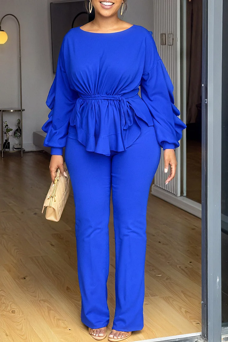 Plus Size Business Casual Blue Round Neck Long Sleeve Ruched Elegant Pocket Two Piece Pant Sets [Pre-Order] 2024 - Xpluswear