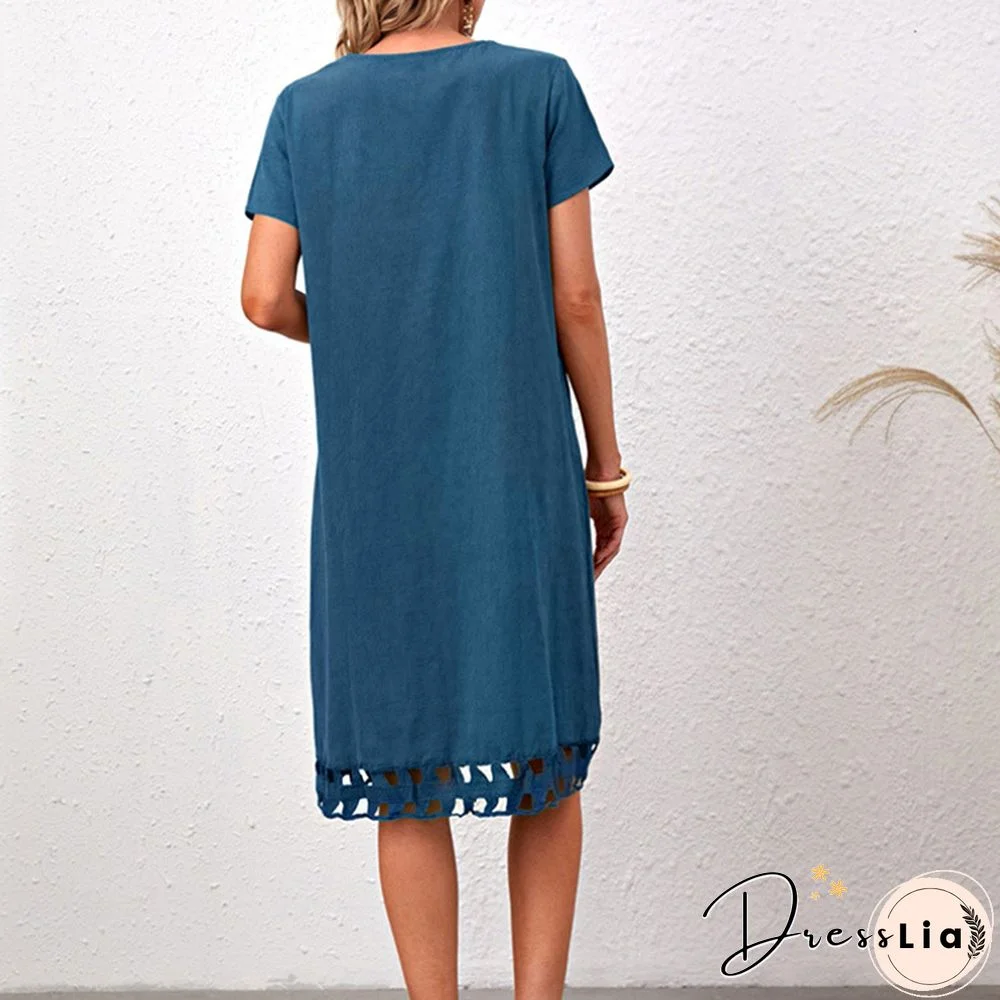 Fashionable And Versatile V-neck Short Sleeve Slim Solid Cotton Linen Dress