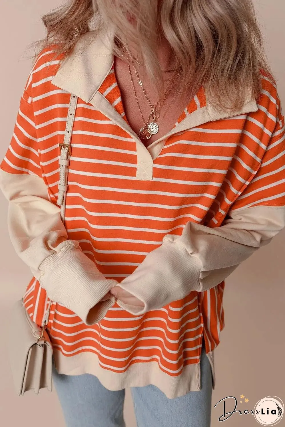 Orange Stripe Color Block Loose Fit Collared Drop Shoulder Sweatshirt