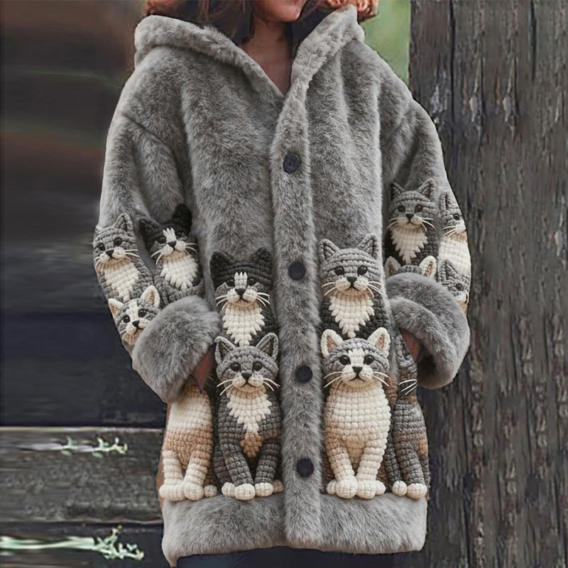 Women's Cat Pattern Cozy Knit Hooded Sweater Cardigan elevenforest