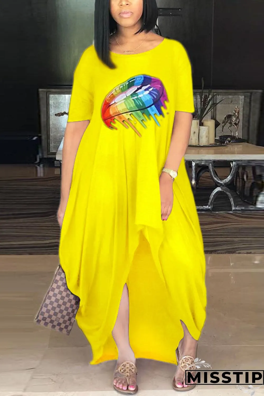 Blue Fashion Printing Loose Irregular Dress