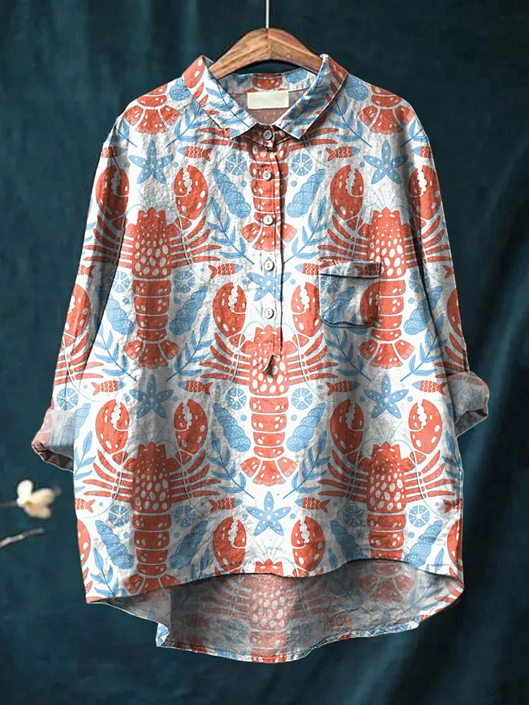 Lobster And Sea Shell Seamless Pattern Printed Women's Casual Cotton And Linen Shirt