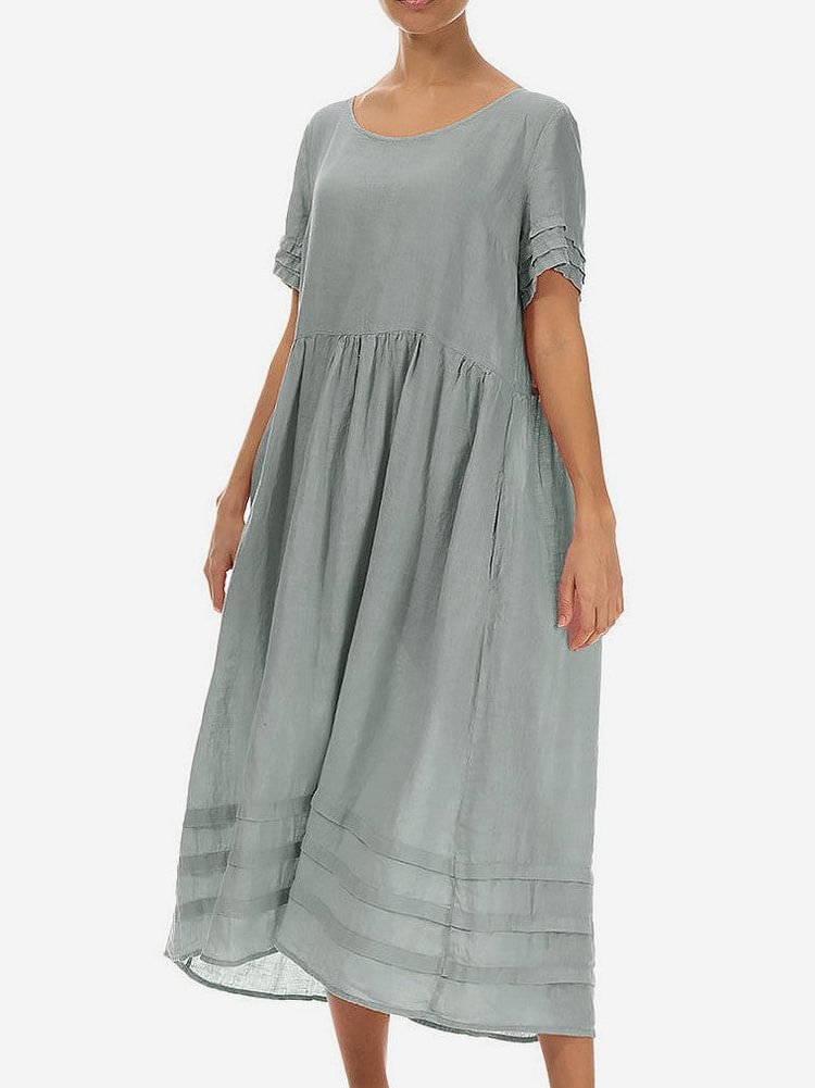 Pleated Crewneck Short Sleeve Cotton-Linen Dress