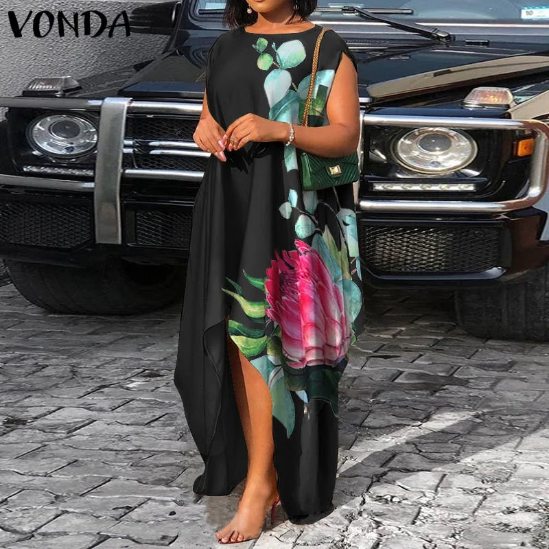 VONDA Bohemian Summer Maxi Dress 2022 Women Vintage Floral Print Satin Dresses Sexy Sleeveless Irregular Hem Vestidos Oversized