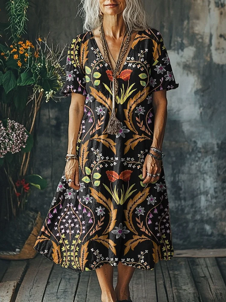 Women's  Flowers Art  Print Pocket Cotton Dress