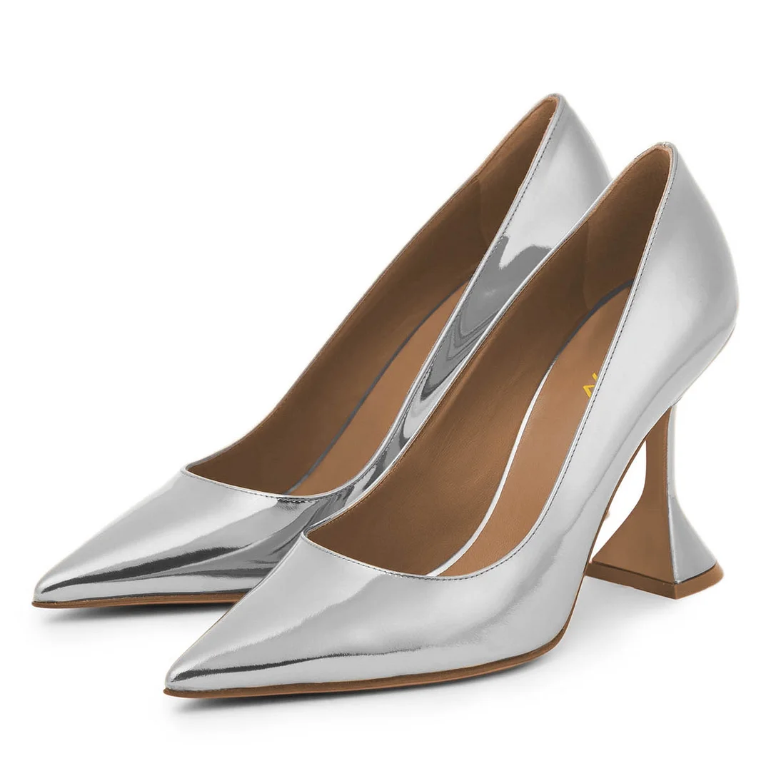 Simple Metallic Finish Pointed Toe Flared Heel Silver Pumps