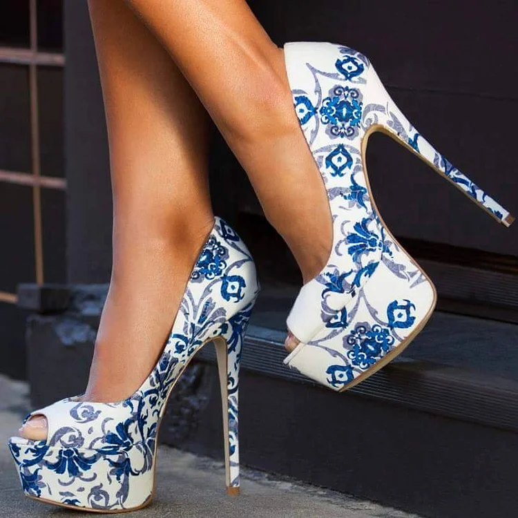 White and Blue Floral Heels Peep Toe Platform High Heels Pumps |FSJ Shoes