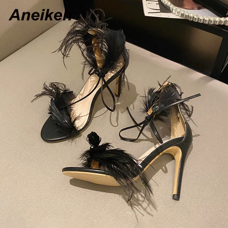 Aneikeh 2021 NEW Fashion Women Summer Thin Heels Shoes PU Sandals Party Butterfly-Knot FEATHER Gladiator Lace-Up  Animal Prints