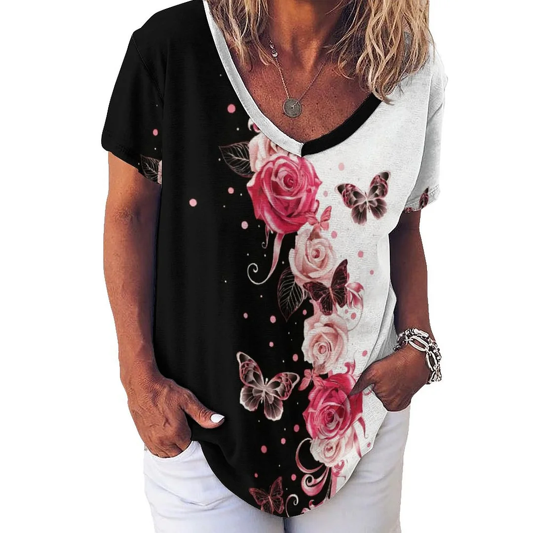 V-neck Short Sleeve Casual T-shirt for  Women Printed with Pattern Butterfly, Red, Black, Floral