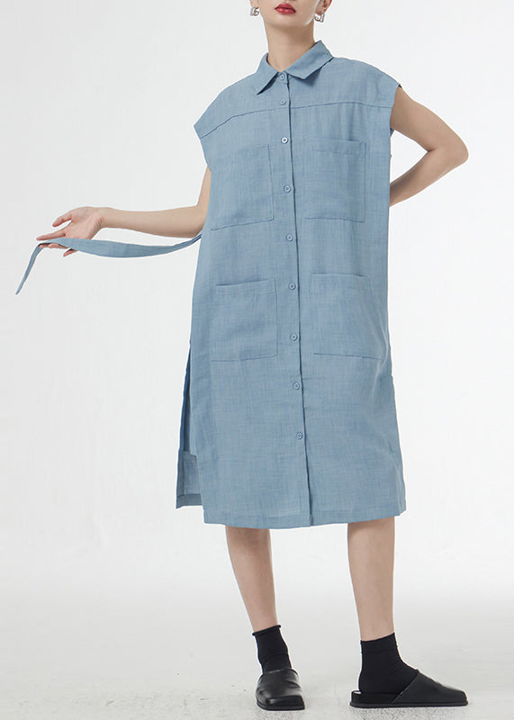 VCSHOES Blue Peter Pan Collar Tie Waist Patchwork Linen Shirts Dresses Short Sleeveless