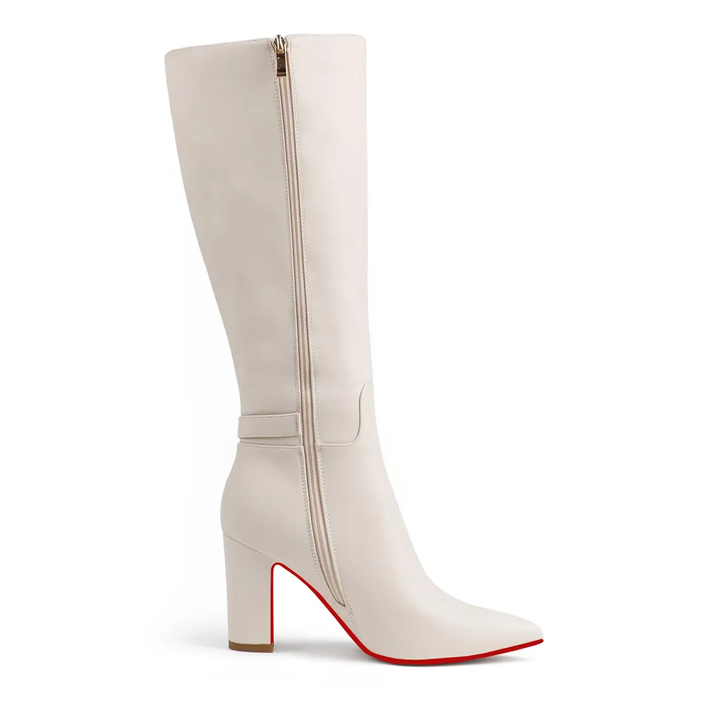 85mm/3.35 inch Women's red bottom matte high heel pointed toe buckle style casual zipper knee high boots-vocosishoes