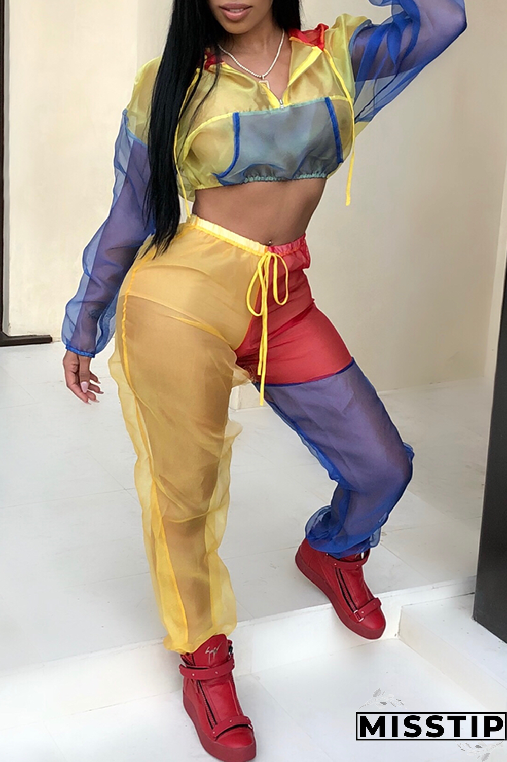 Yellow Casual Hooded Collar Patchwork Blending Two-piece Pants Set