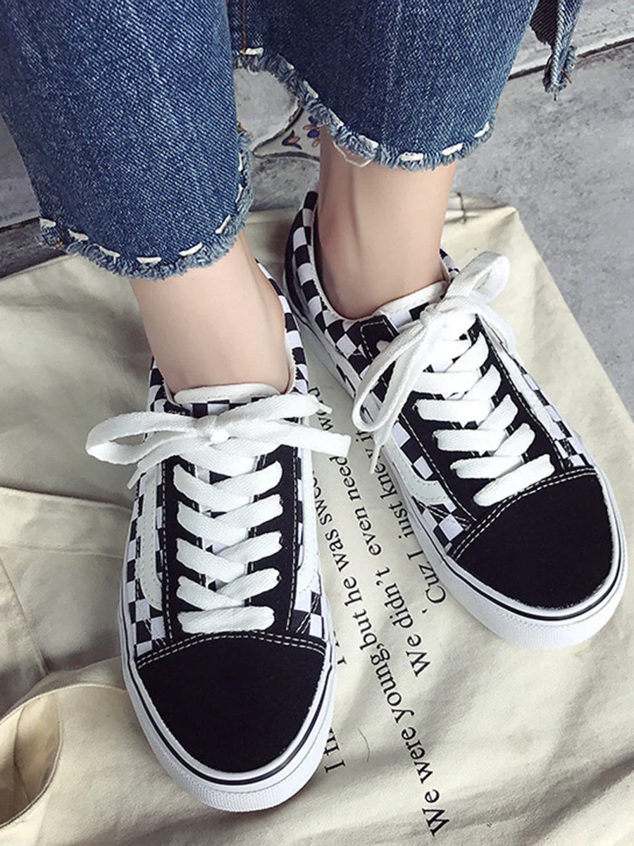 Plaid Printed Round Toe Lace Up Flat Sneakers