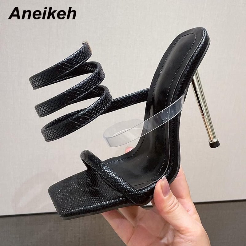 Aneikeh 2021 Rome Shallow Ankle Strap Sandals Women Summer Fashion Alligator Pattern Heigh Shoes Heels De Mujeres Elastic Band