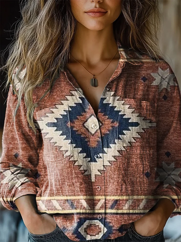 Women's Vintage Aztec Print Casual Long Sleeve Comfortable Cotton Shirt