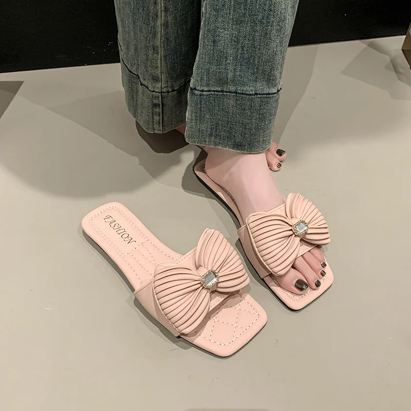 Yyvonne Flat-Bottomed Slippers Women 2025 Summer New Bows One-Word Fashion Drag Wear Women Drag Tide