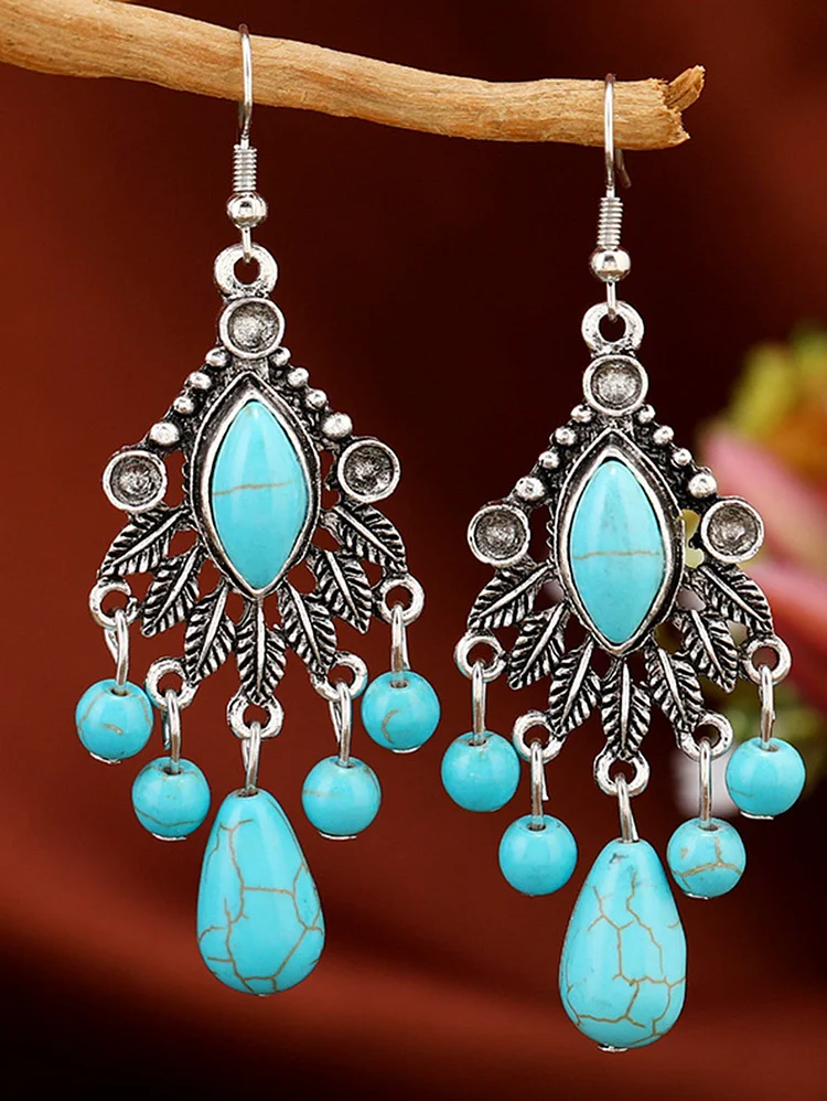 Bohemian Teardrop Shape Turquoise Tassel Alloy Drop Earrings