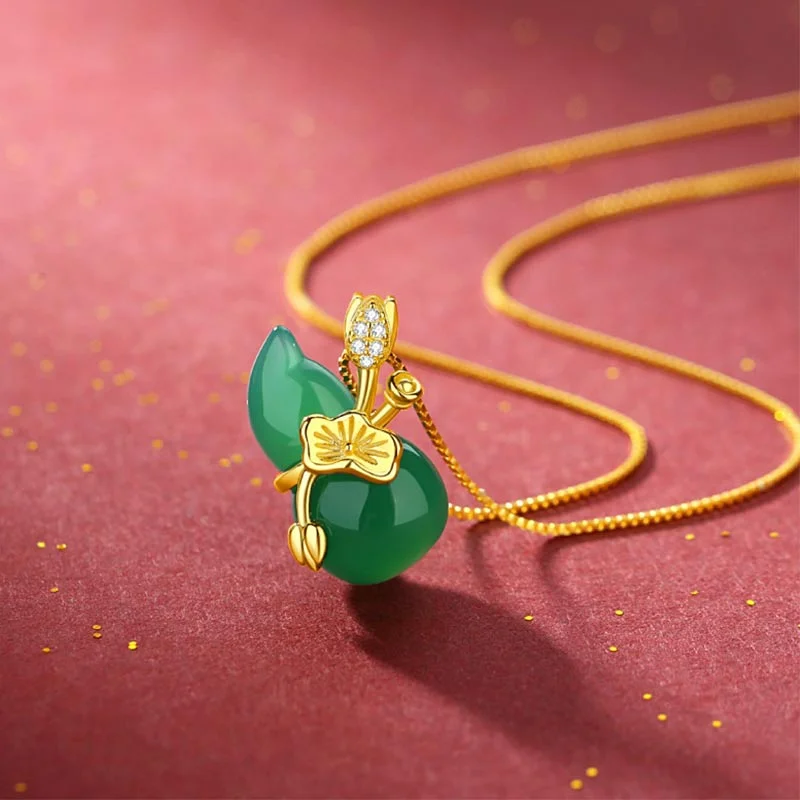 Cyan Jade Gourd Lotus Leaf Abundance Pendant Necklace