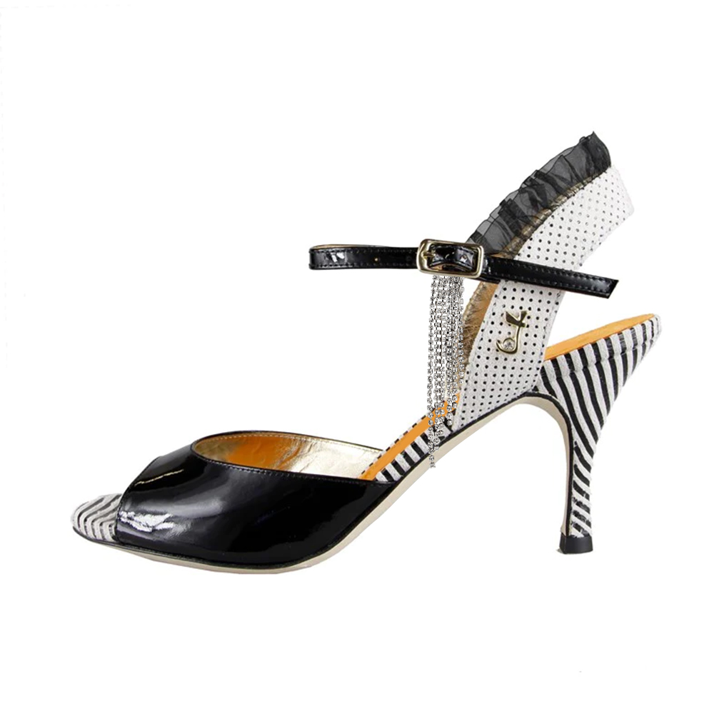 Black & White Tassel Peep Toe Spool Heel Striped Ankle Strap Sandals Nicepairs