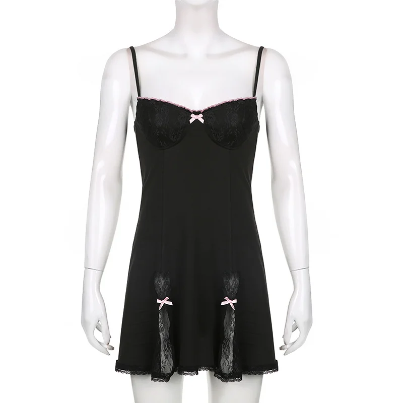 PERSPECTIVE MESH STITCHING BOW SLING DRESS