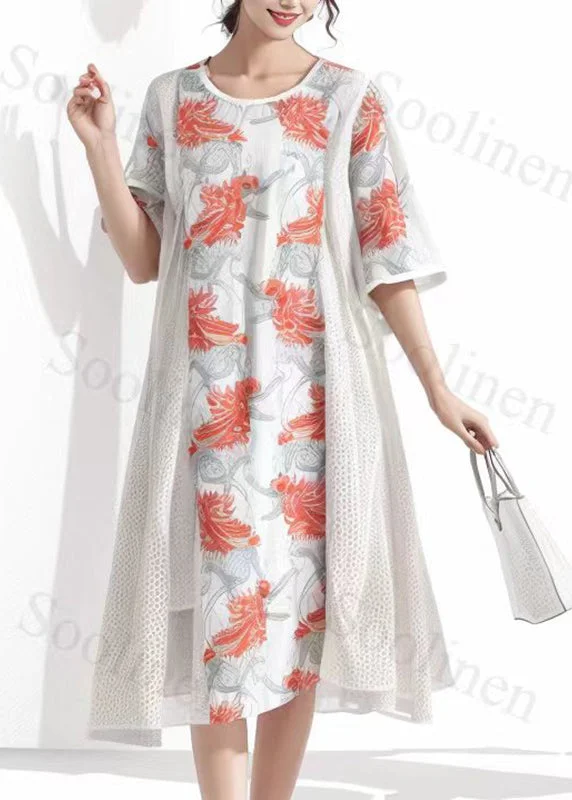 Fashion Beige O-Neck Print Fake Two Pieces Silk Long Dresses Summer