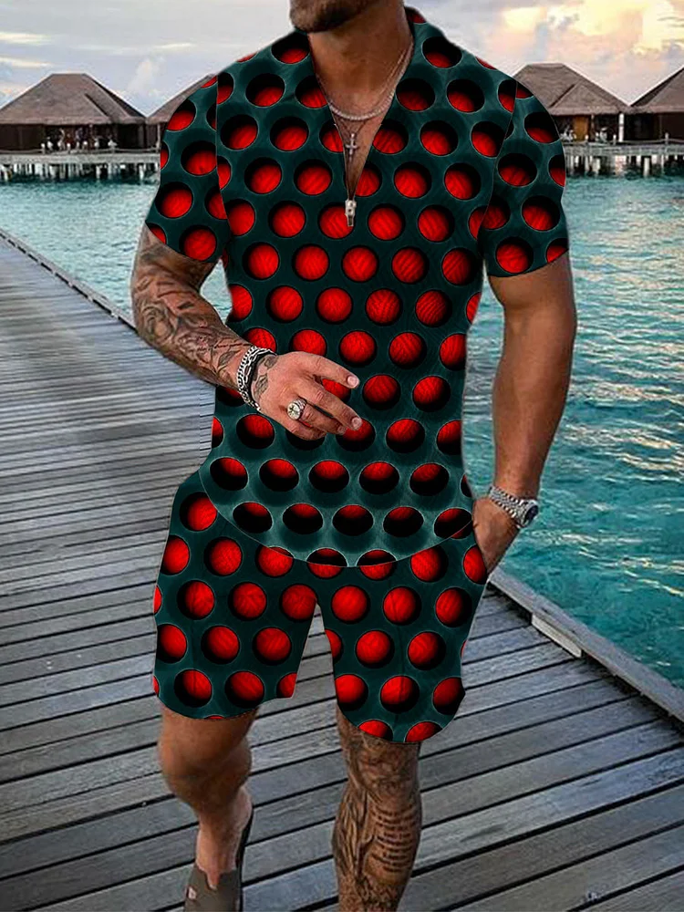 Men's Fashion Polka Dots Printed Zip Polo Shirt and Shorts Two-Piece Suits