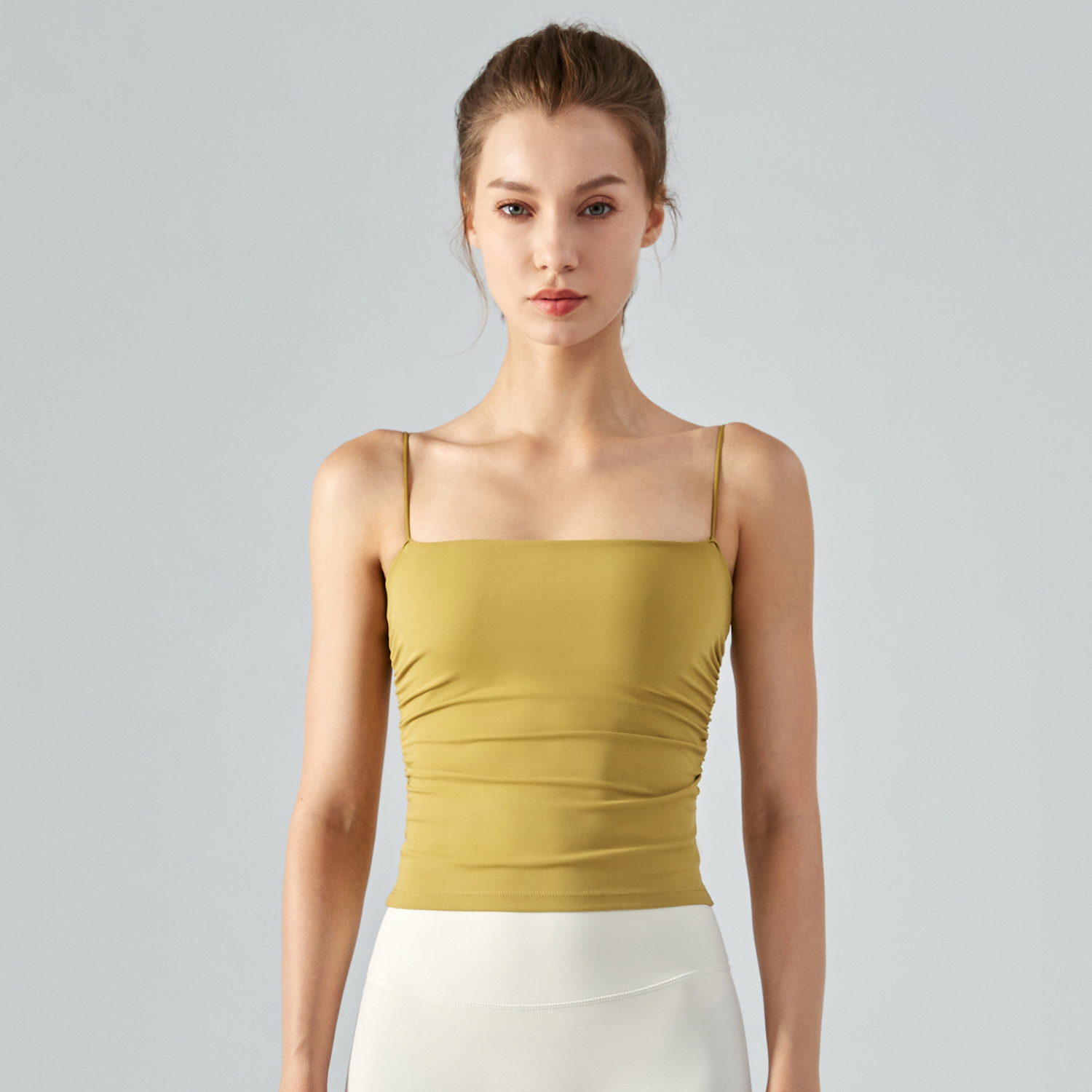 Different types Leaf Yellow of women's high support ruched sides square neck nature skin friendly soft running vest with built in removable pads online shopping on Hergymclothing
