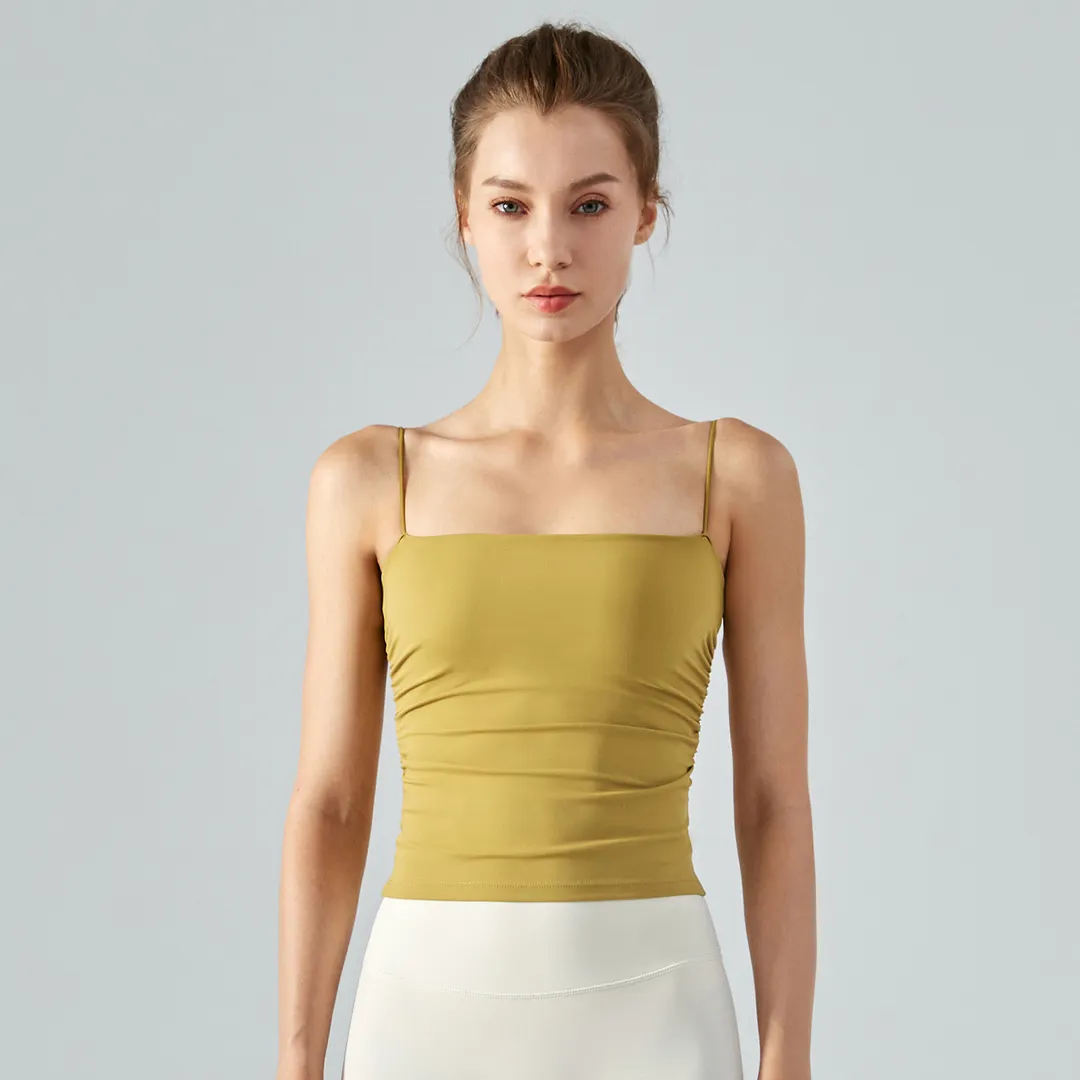 Different types Leaf Yellow of women's high support ruched sides square neck nature skin friendly soft running vest with built in removable pads online shopping on Hergymclothing