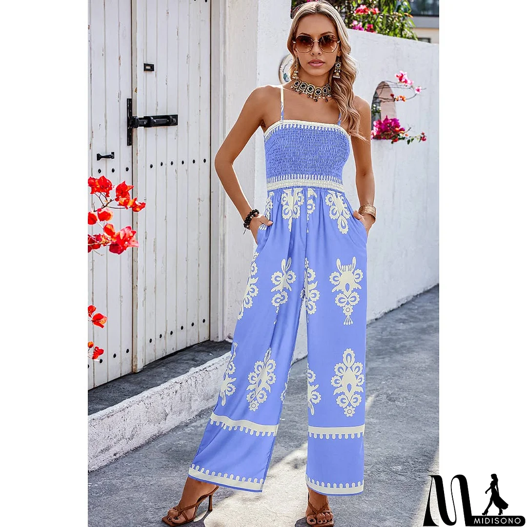 MidiSono - Off Shoulder Ruched Printed High Waist Jumpsuit