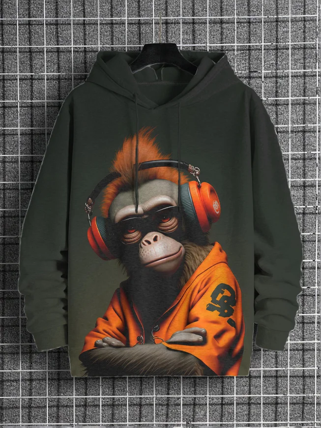 Men's Hip Hop Monkey Art Print Hooded Sweatshirt