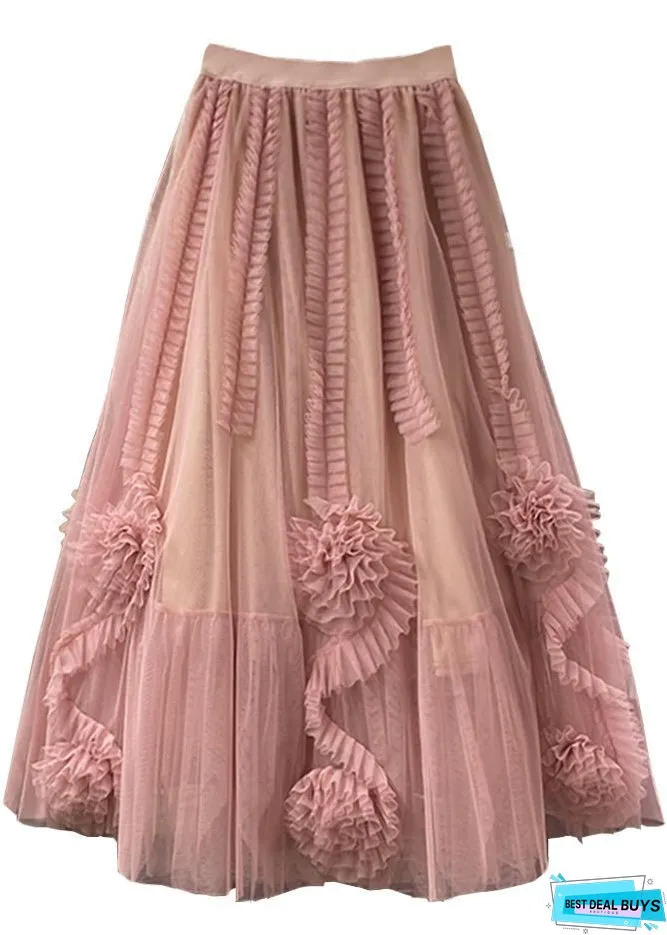 Women Camel Patchwork Floral Tulle A Line Skirt Spring