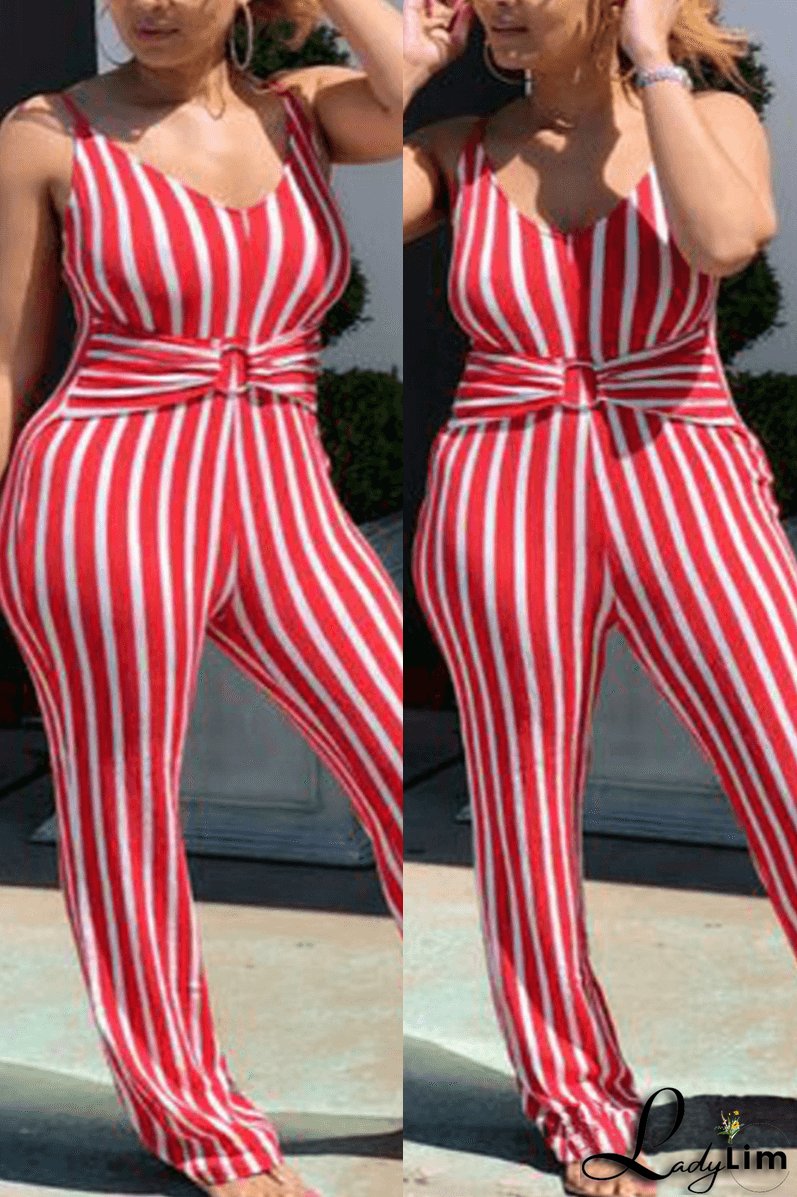 Fashion Sexy Spaghetti Strap Striped Plus Size Jumpsuit