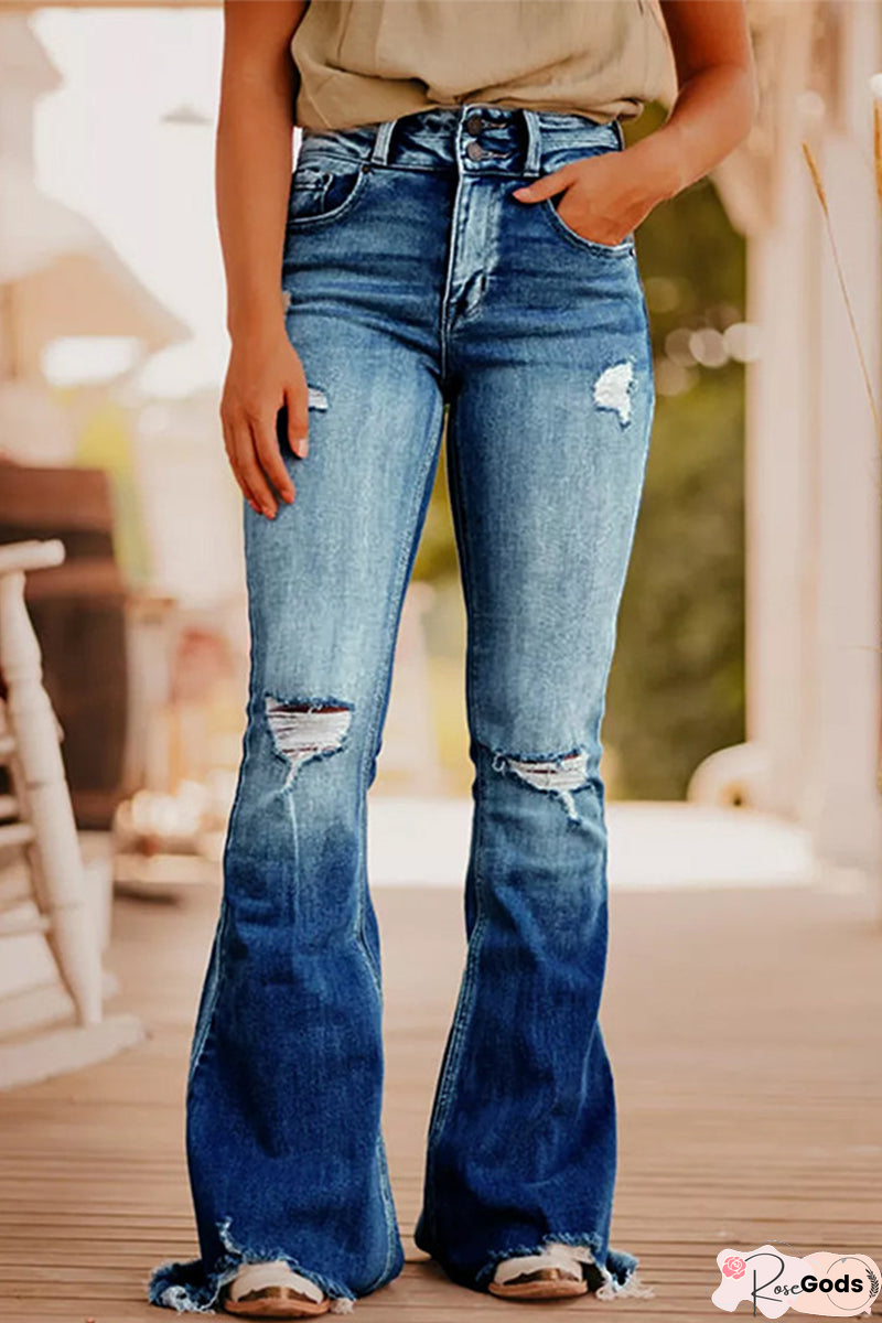 Street Solid Ripped Make Old Boot Cut Bottoms(3 Colors)