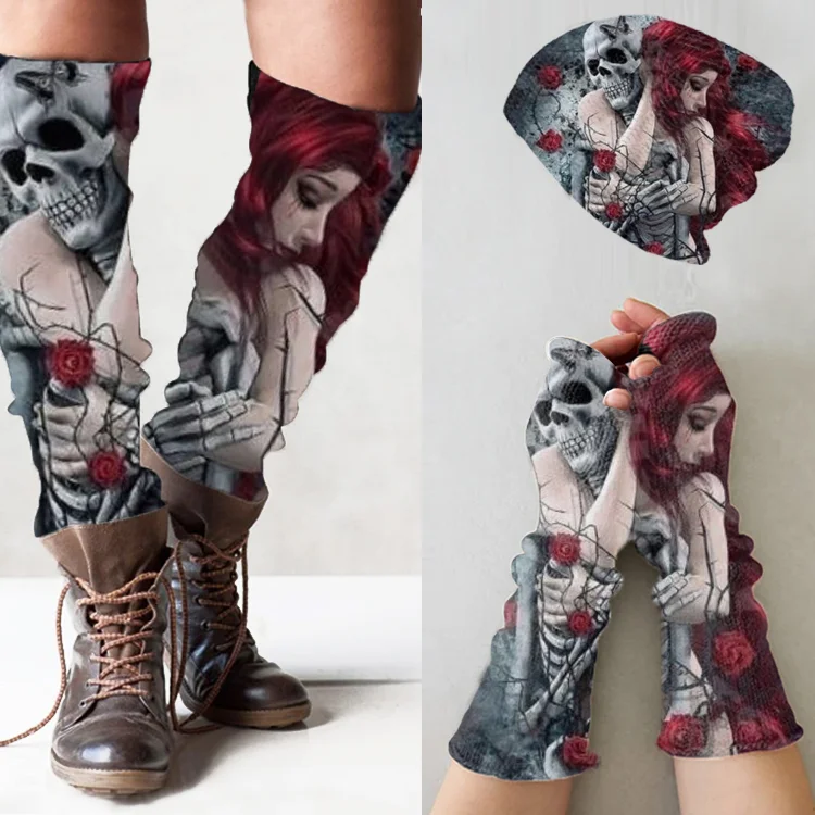 （Ship within 24 hours）Punk skull print knitted hat +leg warmers + fingerless gloves set