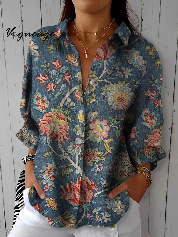 Gentle Elegant And Dignified Flowers And Plants Printed Cotton And Linen Shirt