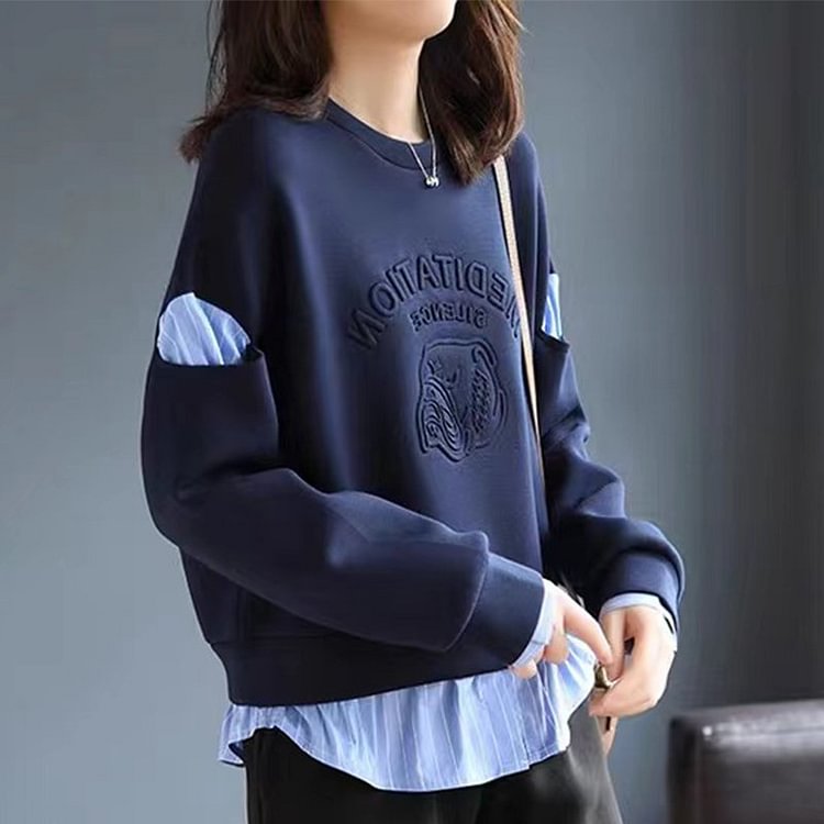 Navyblue Shift Long Sleeve Paneled Sweatshirt QueenFunky