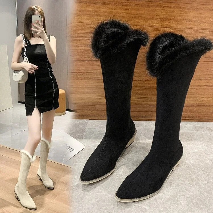 2021 Fashion Knee High Boots Women Winter Boots Thick High Heel Boots Sleek Spring And Autumn Shoes Women Black White
