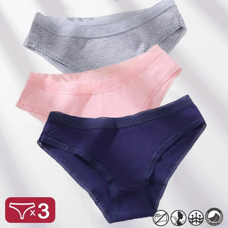 3PCS/Set Mesh Waistband Cotton Panties Women's Briefs Underwear Sexy Lingerie Panties Female Underpants Solid Color Girls Pantys